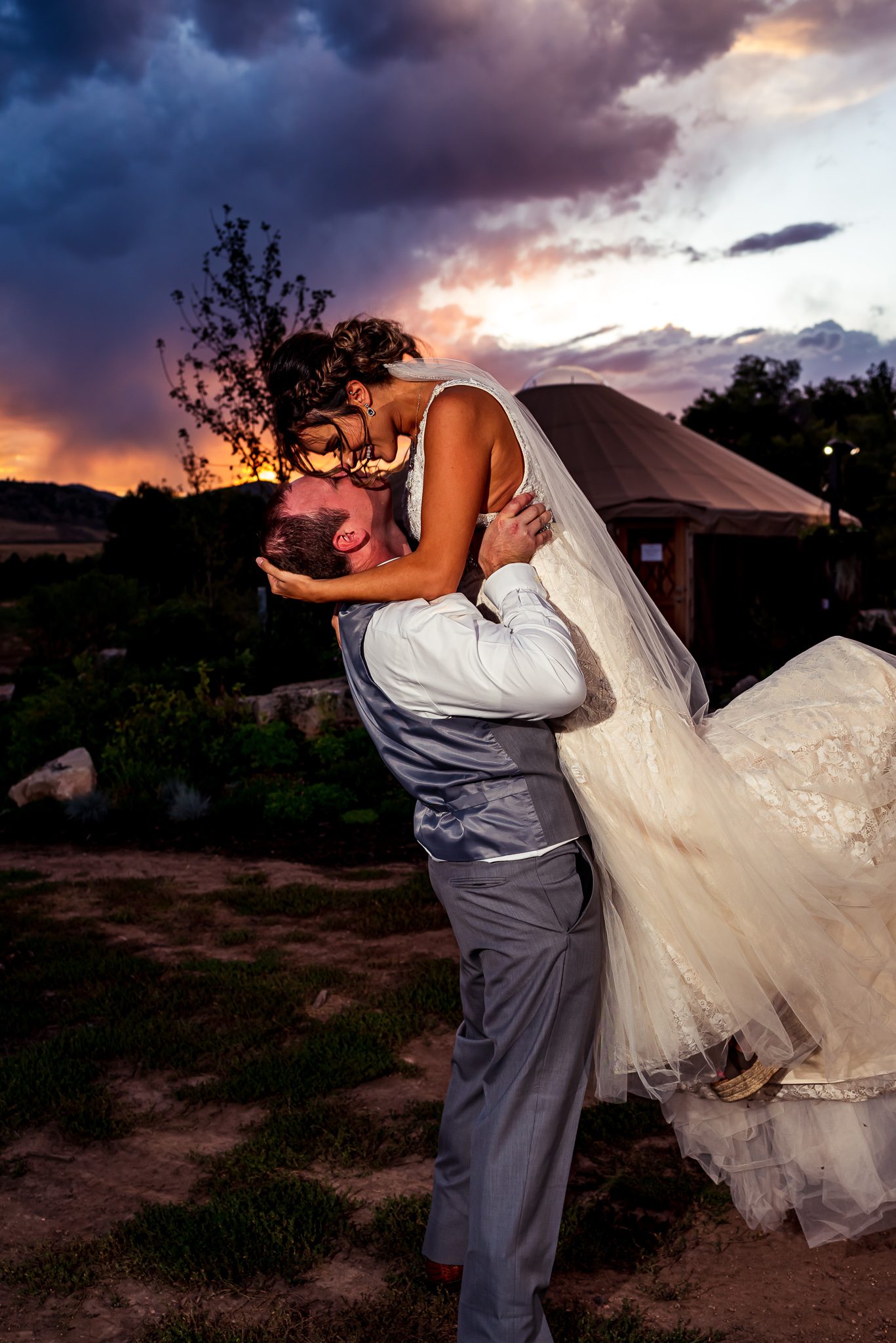 portrait of bride and groom during twilight at Denver Botanic Gardens at Chatfield Farms