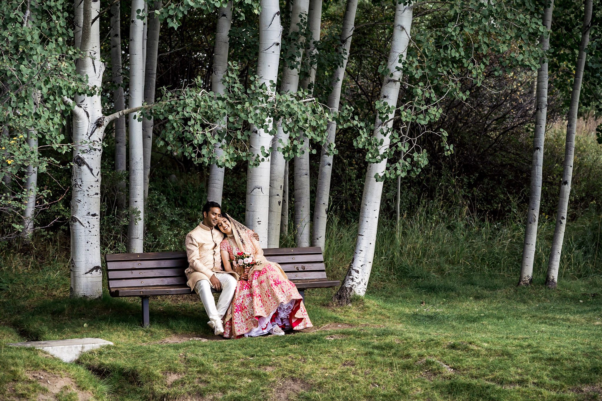 Colorful Southeast Asian wedding reception at the Aspen Meadows Resort in Aspen Colorado. Fall colors and fun dance party.